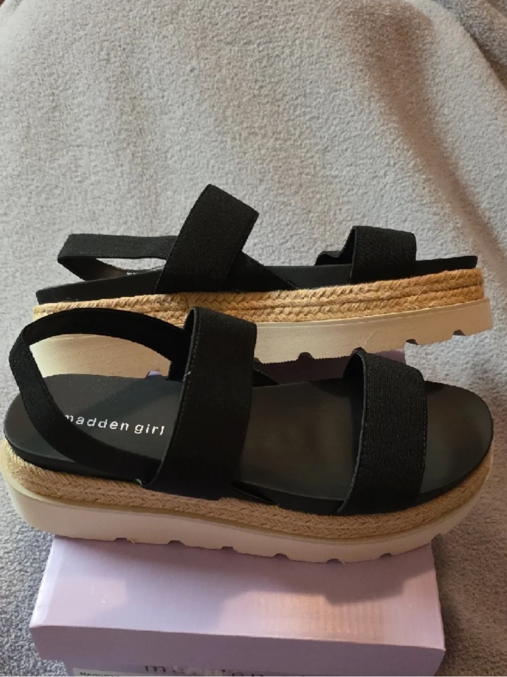 Madden Girl Black Elastic Espadrille Platform Sandals with Jute Trim